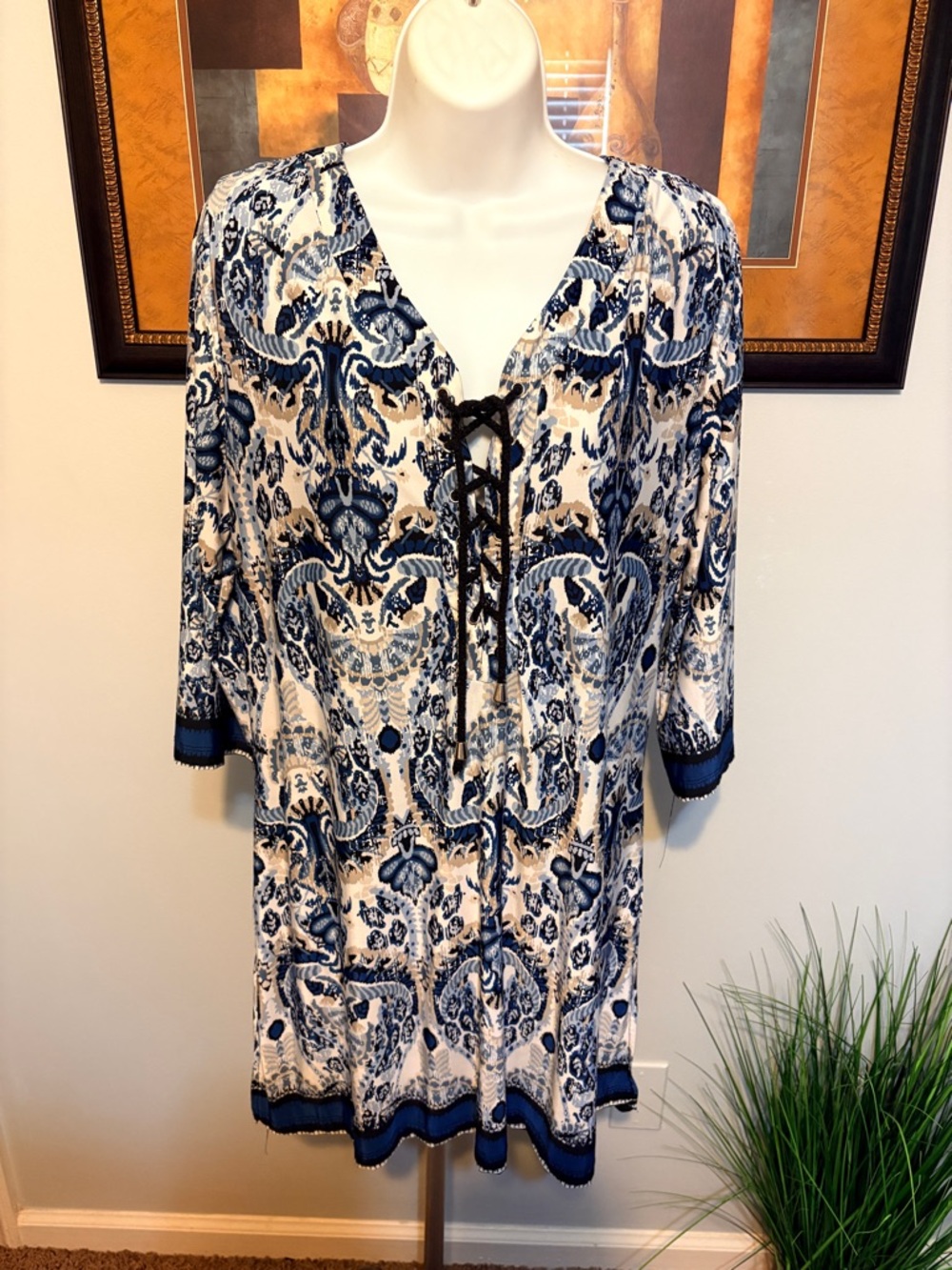 Boho Lace-Up Mini Dress in Blue and White